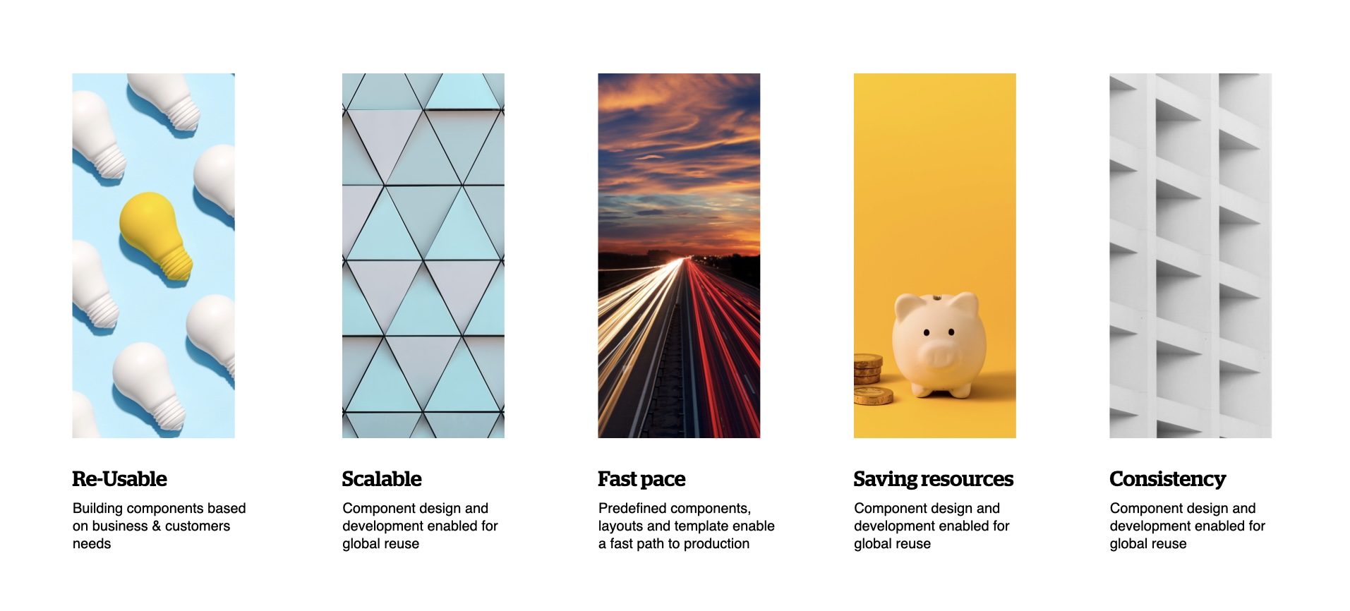 The five pillars of QBE's Atomic Design System: Re-usable, Scalable, Fast pace, Saving resources and Consistency