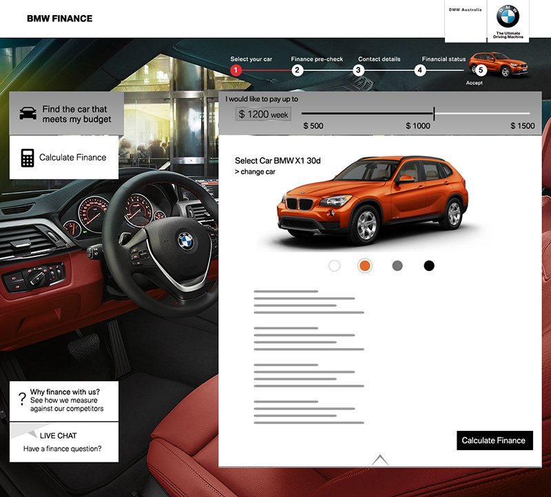 BMW Finance web app: configuration screen with an orange BMW X1 selected and finance sliders