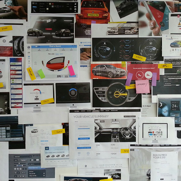 Mood board of BMW interface references and car imagery, annotated with sticky notes