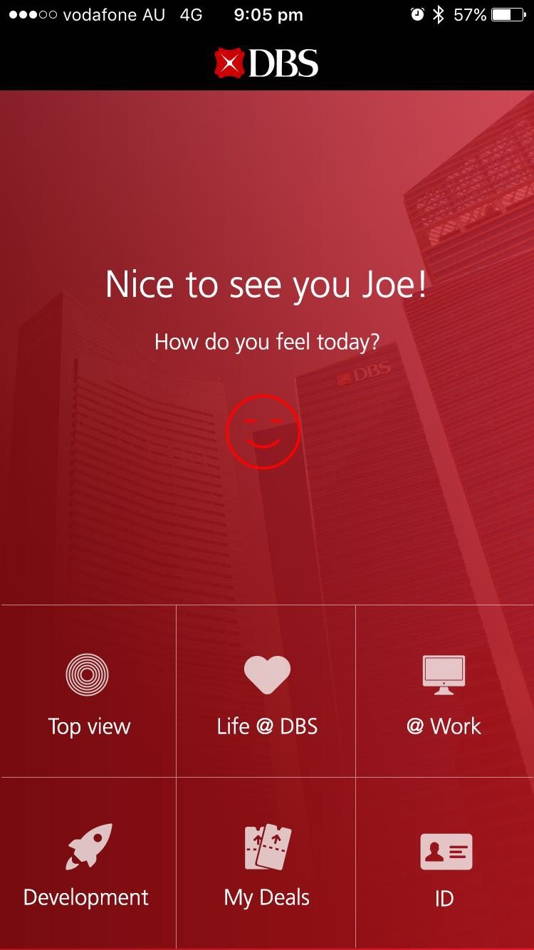 DBS employee app welcome screen greeting the user with a mood check-in