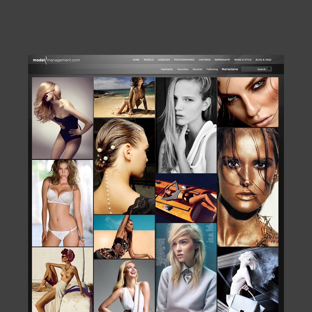 Model Management website home page with a full-bleed grid of model portfolio photographs