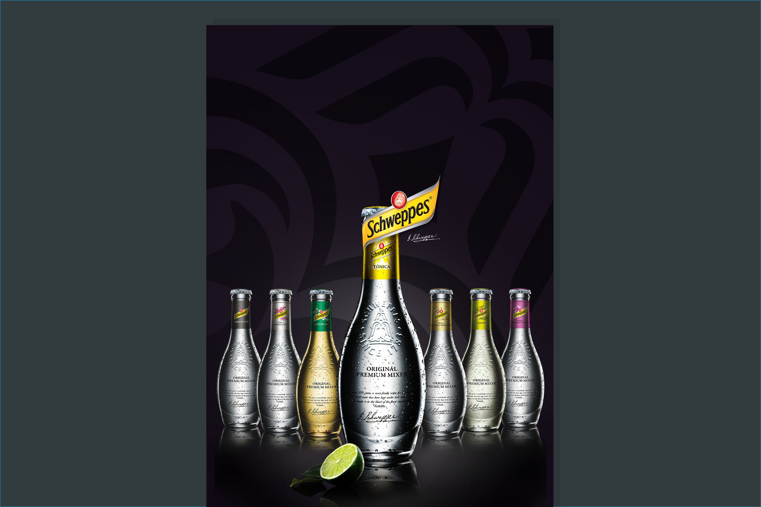 Schweppes Premium Mixers poster showing the four tonic varieties with garnishes