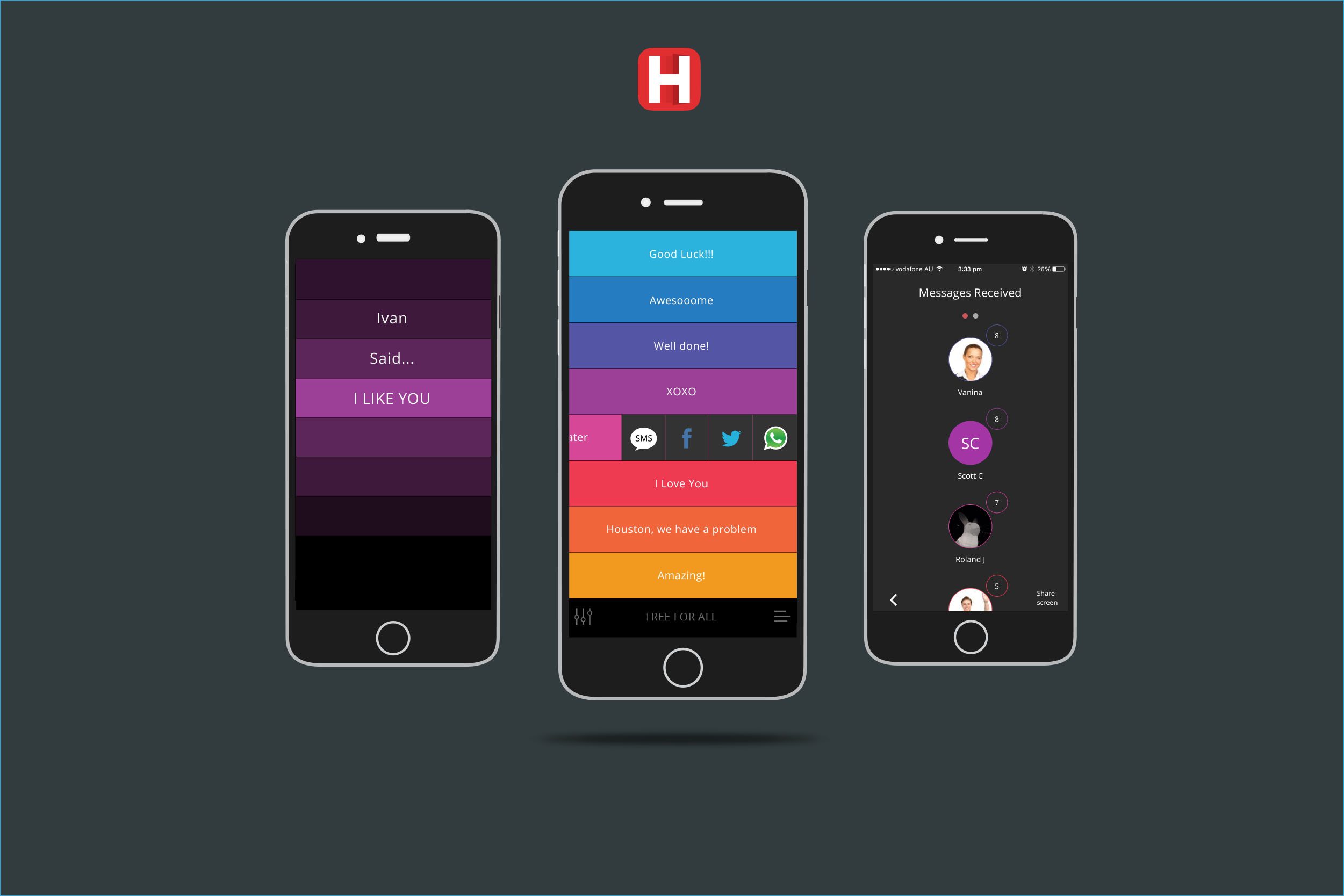 Three HelloooApp screens on iPhone: message lists, colour-coded replies and notifications
