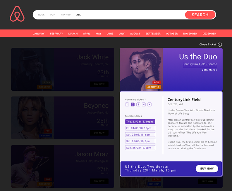 Airbnb Concerts concept: dark artist listing with a purple ticket card for a Gramercy Theatre show