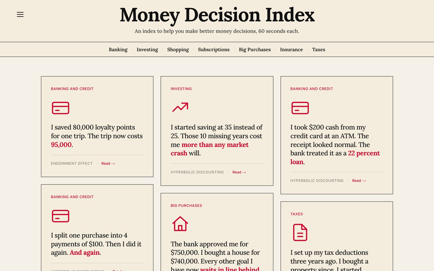 Money Decision Index — A documented index of financial decisions, each with its regulator source and a ten-second action. Built with AI.